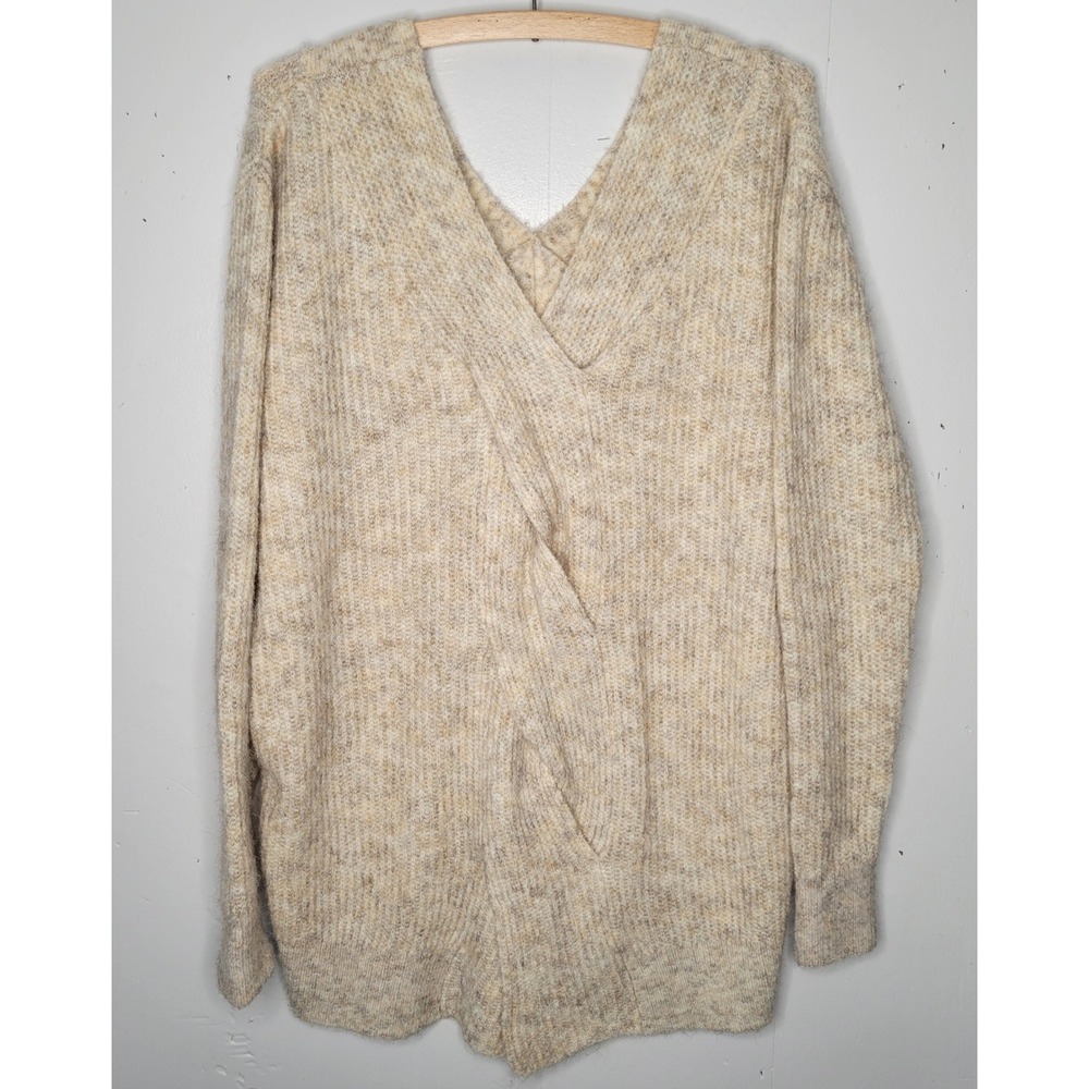Women XL Oversized Twist Back V-Neck‎ Knit Sweater Oatmeal Slouchy NEW Academia
